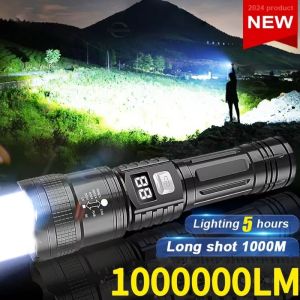 High Power LED Flashlight Super Bright USB Rechargeable Tactical Torch Power Display Outdoor Camping Light Portable Fishing Lamp