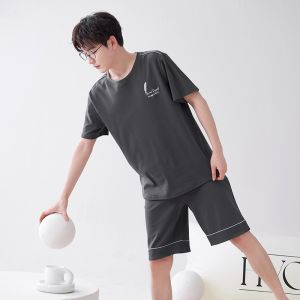 miiow | Pure Cotton Mens Sleepwear Summer Short Sleeve Shorts Loose Casual Home Clothes Set Youth Round Neck Thin Fabric MiiOW Cat Person