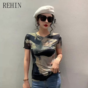 REHIN Womens top Halo mesh short-sleeved T-shirt new summer design round neck S-3XL Slim small elegant trendy shirt
