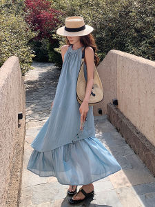 Blue French Romantic Vacation Style Irregular Splicing Summer New Shoulder Bared Long Dress Womens Fashion Casual Maxi Dress