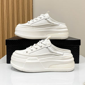 รองเท้าแตะส้นหนาแบบสวมครึ่งนิ้วสำหรับผู้หญิงในช่วงฤดูร้อนปี 2025 รองเท้าแตะแบบสวมครึ่งนิ้วสไตล์ใหม่แบบสวมสบายๆ ส้นสูงไม่มีส้นรองเท้าสีขาวแบบสวมสบายๆ