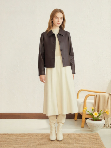 French Collar Commuter Leather Jacket Sheepskin