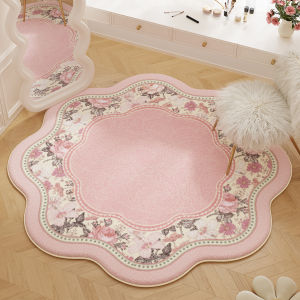 VIKAMA American Pink Floral Rug Unique-Shaped Floor Mat for Girls Bedrooms Light Luxury High-End Vanity Anti-Slip Foot Mat