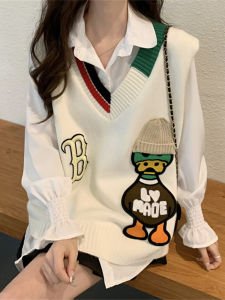 Vest Knitting Vest Blouses Two-piece Set Asymmetric Slim Looking Tops Fashionable Hiding Fat Loose Cartoon Vest