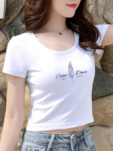 White Slim Fit Short Sleeve T-Shirt Womens Summer Thin Belly Show Top Trendy round Neck Cotton Polyester Blend Short Length