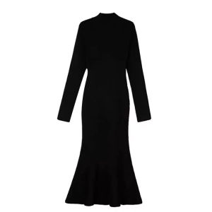Match with Coat Black Knitting Dress Female Autumn and Winter Long Step by Step Lotus Silm Base Narrow Fishtail Woolen Skirt