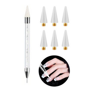 Dual-Ended Rhinestone Picker Dotting Pen with 6 Replaceable Wax Tips Reusable Nail Art Gem Pick Tool for Home DIY Salon Manicure