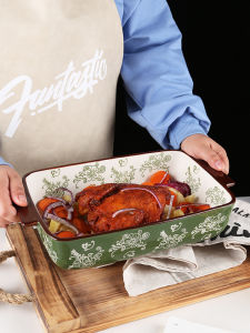 European Style Large Size Ceramic Dish Home Use Baking Tray Oven Safe Double Ear Dinnerware Dish Rectangular Shape Adult