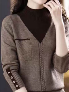 เสื้อสเวตเตอร์ถักคอสูงครึ่งตัวสำหรับผู้หญิง ทรงหลวม หนา แฟชั่น ฤดูหนาว 2025 เสื้อชั้นในถักแบบปลอมสองชิ้น เสื้อตัวบน