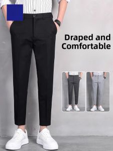 ROMON | Lormen Mens Slim Fit Straight Leg Ice Silk Nine-Foot Thin Business Casual Pants Summer Spring Iron-Free West Pants Trendy