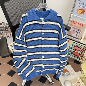 เสื้อคาร์ดิแกนถักคอปกสีฟ้าลายทางสำหรับผู้ชาย ฤดูใบไม้ร่วง/ฤดูหนาว สไตล์อเมริกัน หลวมๆ นุ่มๆ เสื้อคลุมกันหนาว