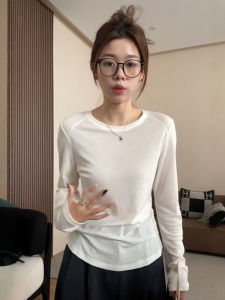 plus Size White round Neck Long Sleeve Slim Fit Womens T-Shirt Early Autumn New Style Cover Belly Flattering Base Shirt Top