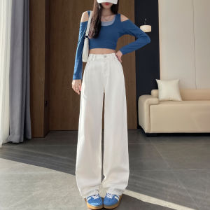 American Style High Waist Wide Leg Jeans Womens Spring Autumn Loose Slimming Straight Cut Cotton Denim Trousers