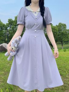 Summer New Purple Elegant Waist-Cinching Short Sleeve Dress French Style Princess Cut Gored Skirt Sweet Princess Bubble Sleeve