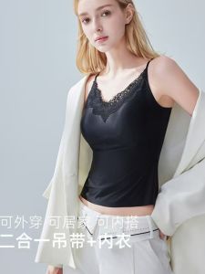 Silk Satin Lace V-neck Strap Vest Womens New Summer Bra One-piece Belly Covering Inner Wear Korean Casual Slim Fit Outerwear