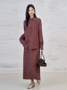 Elegant Lace Collar Shirt And High Waist Split Skirt Loose Two Piece Set French Style Long Sleeve Regency Length Pure Color