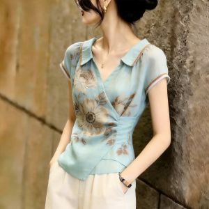 KUNAILIN | Commuter Style Blue Floral Print Short Sleeve Shirt
