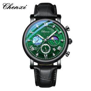 CHENXI 972 Mens Top Brand Moon Phase Quartz Wristwatch Chronograph Waterproof Original Watch for Man Male Luminous Clock