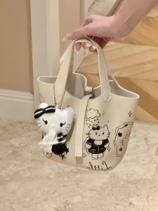 Cute HelloKitty Graffiti Bucket Handbag Cartoon Casual Single Shoulder Crossbody Bag Soft PU Leather Magnetic Buckle Closure