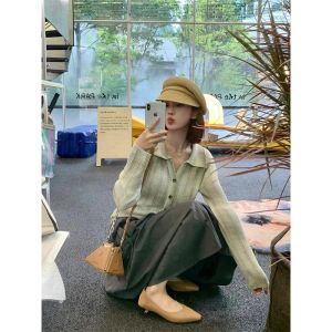 Womens Knitted Gradient Color Sweater Spring Autumn Versatile Base Layer Shirt Trendy Long Sleeve Cashmere Feel Fashionable