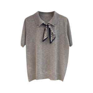 YUEZHONGWEI | Áo thun cổ polo màu xám kiểu Pháp có thắt lưng cho nữ mùa hè ôm vừa vặn Áo thun ngắn tay dệt kim có khăn choàng cổ