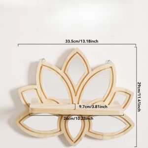 1pcs Hollow Petal Mirror Wooden Lotus Wall Floating Shelf Style Healing Decor Hanging Rack For Bedroom Mini Flower Pot Ornaments