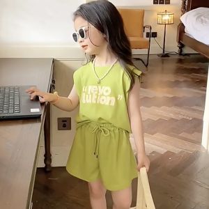 kyiibaby Summer kindergarten girls thin style Waffle letter vest + shorts two suits kybb168