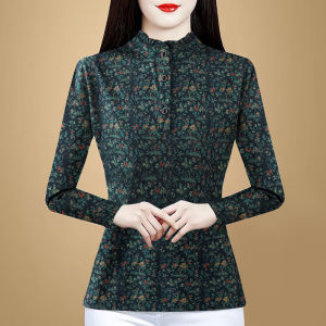 MAIMEI | Retro Floral Elegant Long Sleeve Round Neck Slimming Thickened Hooded Fashionable Warm Top For Women Stylish Mommy Wear