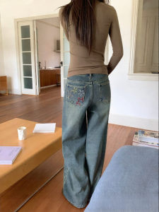 NIHAOKANONG | Quần Jeans Đùi Thẳng Có Lót Nhung Cho Nữ Vintage Có Túi Thêu