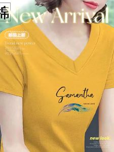 QIAOXIZI | Summer Loose-Fitting Cotton T-Shirt for Plus Size Women with Belly Covering and Slimming V-Neck