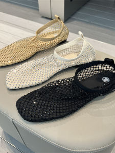 Shiny Diamond Mesh Slip-On Flat Bottom Shoes Breathable Hollow out Glitter Sandals Fashionable Bean Bean Single Shoes