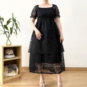 ●ECLAIRE● 034 Dress Midi Brokat Brukat Tiered Susun Shortsleeves Lengan Pendek Pesta Anggun Kondangan Ellie