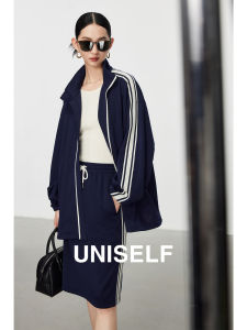 Uniself Luxury Sport Fashion Set Womens Loose Jacket Outerwear Color Block Weave Belt Half Skirt Autumn Collection