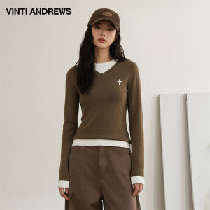 Layered V-Neck Color Blocking T-shirt Long Sleeve Spring