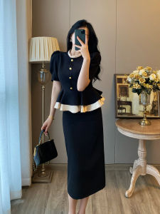 Elegant French Style Tweed Two-Piece Set Black Dress Short Sleeves Stand Collar Summer Skirt for Women