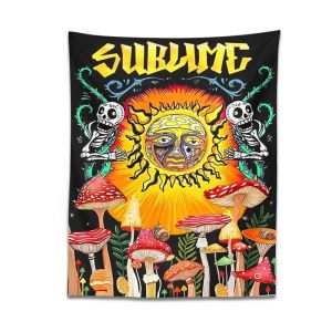 VIKAMA Psychedelic Sun Skull Mushroom Tapestry Hippie Rock Music Wall Treo Tường Trang Trí Cho Phòng Ngủ Dorm Bar - Polyester
