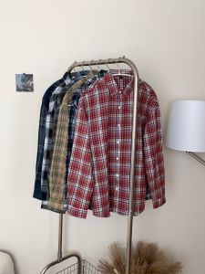 Autumn Plaid Long Sleeve Shirt Stand Collar Retro Brushed Couple Casual Loose Shirt Jacket Youth Polyester Cotton Viscose Blend