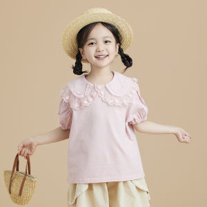 เสื้อยืดแขนสั้นผ้าฝ้ายลายลูกไม้สีขาวสำหรับเด็กผู้หญิง ทรงหลวม สไตล์เจ้าหญิง แขนพอง คอตุ๊กตา ทรงเข้ารูป ฤดูร้อน