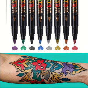 ชุดปากกาสักลายชั่วคราว 8 ชิ้น สำหรับเพ้นท์ร่างกาย สักลายกึ่งถาวร หมึกสักสำหรับงานศิลปะบนร่างกาย งานปาร์ตี้ และงานเฉลิมฉลองวันหยุด