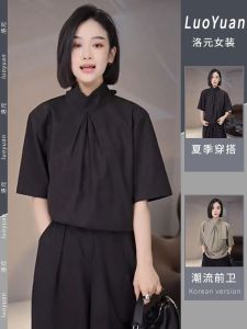 Womens Design Sense Pleated Shirt Stand Collar Tunic Top Korean Style Loose Fit Polyester Short Sleeve Summer Fashion