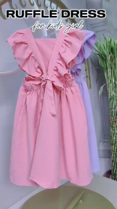 Summer Dress for Kids Girls 2-8 Years Old Korean Style Cute Ruffle Sleeve Plain Solid Color Casual OOTD Dress for Girls