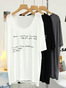 Modal Mid Length Long Length Letters Big U-Neck Short-Sleeved T-shirt Female Summer Loose Slimming Laid-Back Style Casual Home Tops