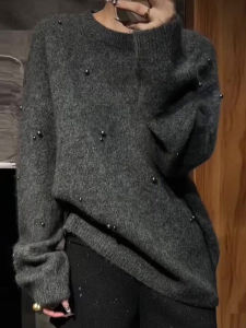 UYFY | Gray Knitted Sweater Womens Round Neck Soft Cozy Korean Style Loose Fit Autumn Winter New Arrival Versatile Long Sleeve Top