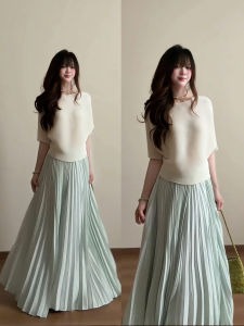 XUECAIQI | Summer Elegant Style French Two-piece Set Short-sleeve Blouse High-waisted Pleated Skirt