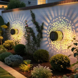 Solar Light Projection Wall Light IP65 Waterproof Outdoor Solar Lamp Hollow Metal Pattern Decorative LED Light Auto On Off Solar Garden Light for Patio Fence Yard Lights Decoration Fairy Lights night light Home Deco