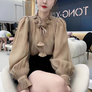 Unique Design French Rose Floral Stand Collar Bubble Sleeve Shirt Womens Fashion Early Autumn European Style Small Audience