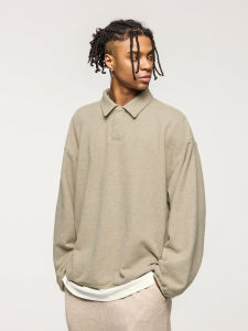 American Style Polo Collar Sweatshirt Mens Autumn Heavyweight Solid Color Simple High Street Loose Long Sleeve Top