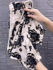 กางเกงขายาวผ้าไหมน้ำแข็งเอวสูงทรงหลวมสบายๆ สำหรับผู้หญิง กางเกงขายาวทรงตรงพิมพ์ลายแฟชั่นฤดูร้อนปี 2025 ทรงหลวมสบายๆ