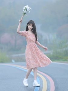 LoLang Summer Floral Print French Vintage Style Womens Dress Slim Fit Waist Cinched Short Sleeve Midi Length Fresh Style Skirt