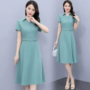 Slimming Waist High Waist Midi Dress Korean Style Short Sleeve Polo Collar A-Line Skirt for Middle-Aged Mothers Fashionable Vintage